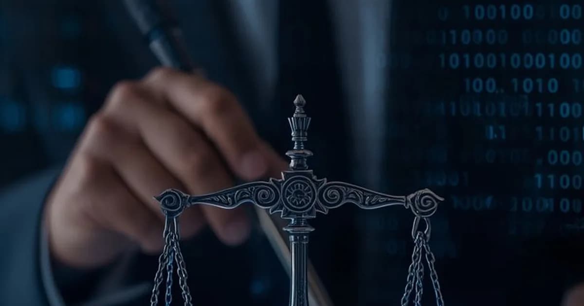 Balança da justiça iluminada em azul sobre documentos jurídicos, capa do artigo da Skill-Hub sobre IA para advocacia previdenciária