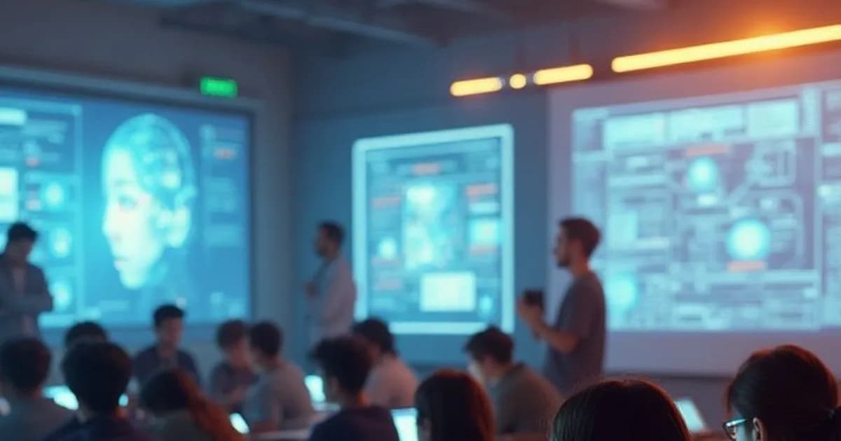 Sala de aula com alunos em notebooks e painéis de dados, capa do artigo da Skill-Hub sobre IA para captação de alunos
