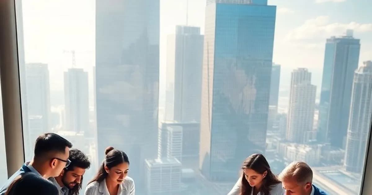 Equipe comercial reunida diante de janela com vista para prédios, capa do artigo da Skill-Hub sobre agente de IA para vendas