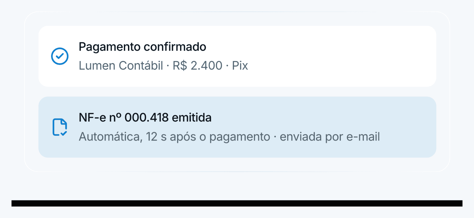 Pagamento confirmado por Pix seguido da emissão automática da nota fiscal eletrônica