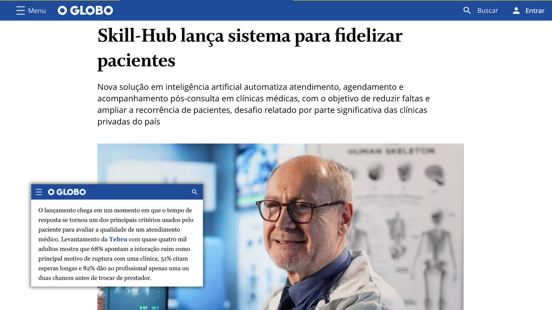 Matéria no O Globo: Skill-Hub lança sistema para fidelizar pacientes
