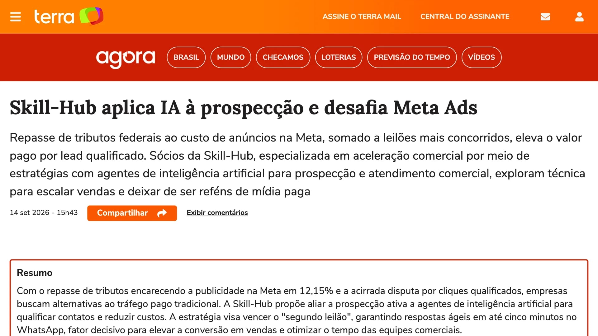 Matéria no Terra: Skill-Hub aplica IA à prospecção e desafia Meta Ads